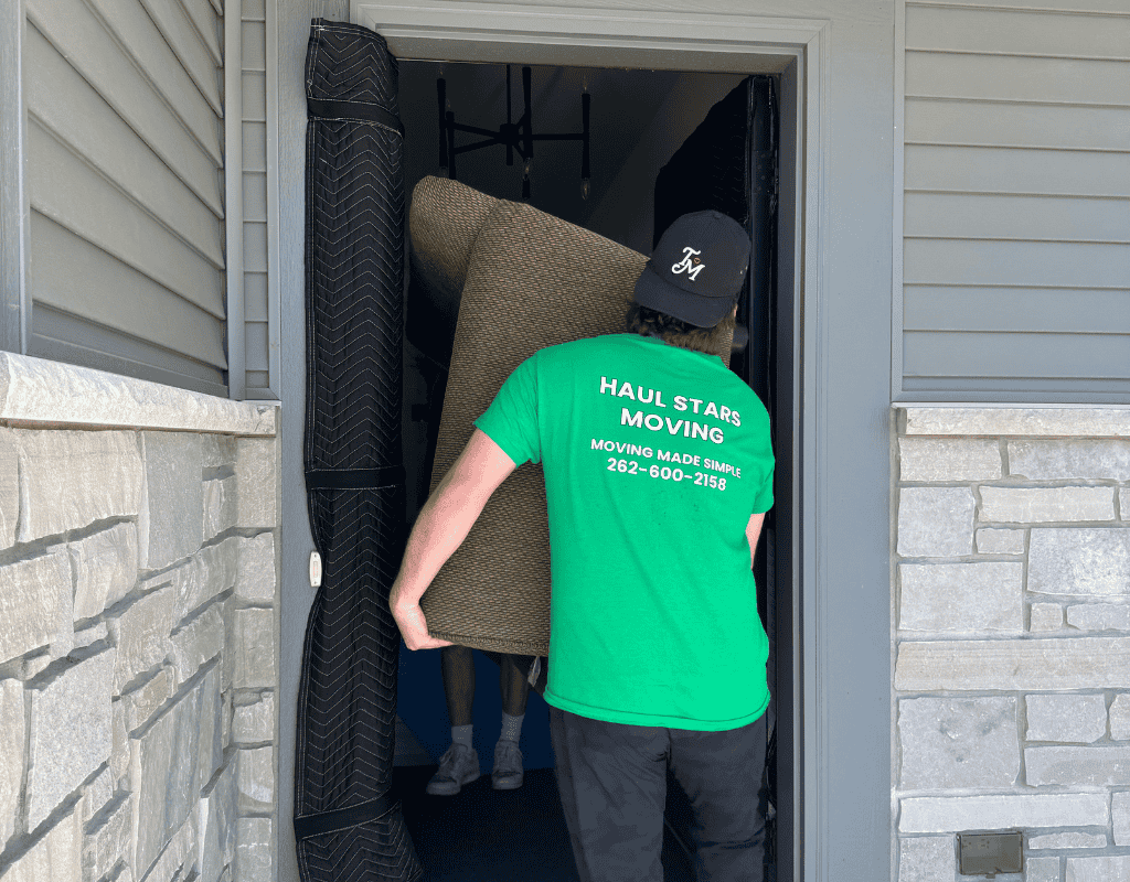 Haul Stars Moving movers carrying a couch through a doorway for delivery to a Milwaukee home