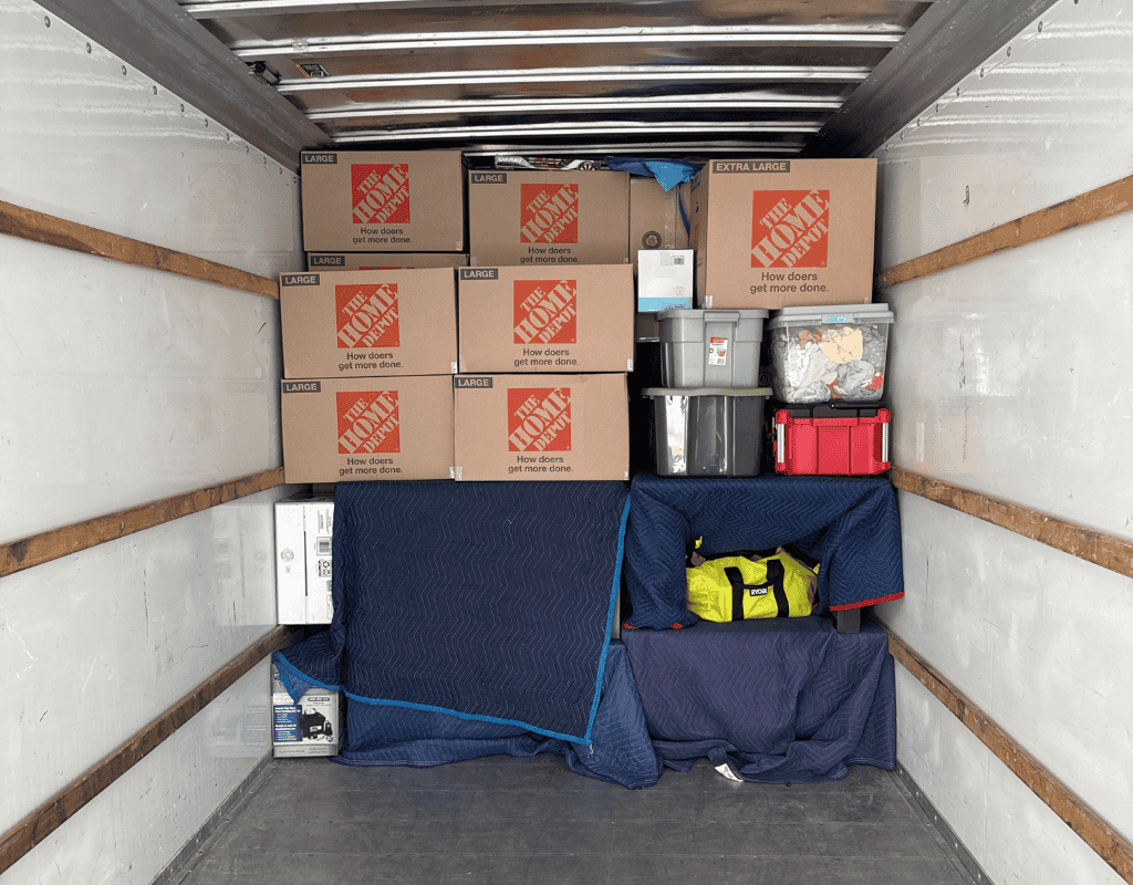 Home Depot moving boxes neatly arranged inside a truck ready for storage in Milwaukee